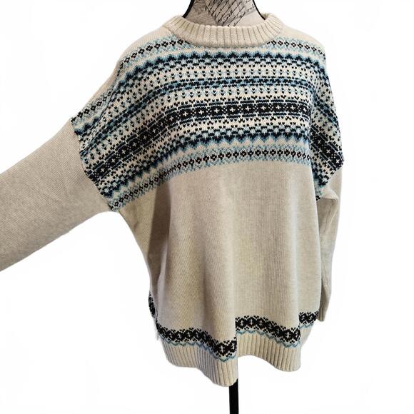 J. Jill Fair Isle Nordic Relaxed Fit Classic Style Cream Teal & Black Sweater - Picture 2 of 9